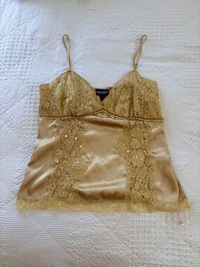 Vintage Bisou Bisou Gold Lace Sequined Satin like Camisole